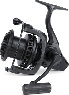 A black fishing reel is shown against a white background.