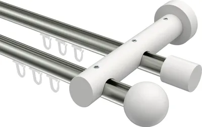 Produktbild von Interdeco Innenlaufstange / Gardinenstange mit Innenlauf Edelstahl-Optik / Weiß, Typ Talent Luina (Kugel), 20 mm Ø 2-läufig, 220 cm