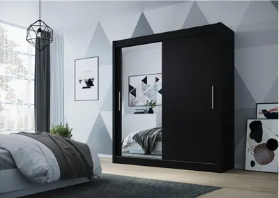 Produktbild von Easy4You D1 180 cm Schwarz Schiebetüren Kleiderschrank 180x215x58 cm mit Spiegel - Schlafzimmermöbel, Aufbewahrung - Mehrzweckschrank