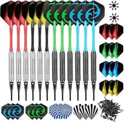 Produktbild von Softdart Set 16g: 12 Stück Soft Dartpfeile mit PVC Schäften, 50 Dartspitzen, 24 Flights