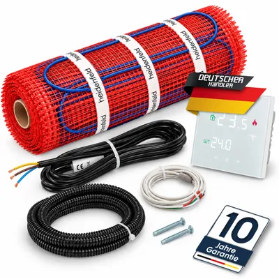 Produktbild von Heidenfeld Elektrische Fußbodenheizung FH200 | Komplettset inkl. Thermostat - 200 W/m² - Heizmatte - Elektroheizung - Bodenheizung - Flächenheizung