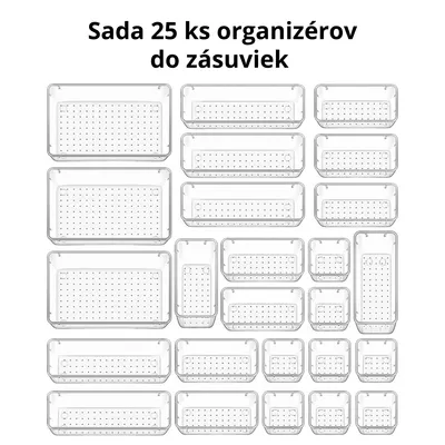Obrázok produktu pre Sada 25 ks organizérov do zásuviek – priehľadné plastové úložné boxy na kuchyňu, kúpeľňu, kanceláriu a toaletný stolík – make-up, šperky, drobnosti