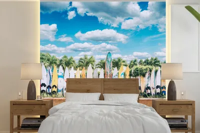 Produktbild von MuchoWow® Fototapete für Wohnzimmer oder Schlafzimmer Wandtapete Vinyl Motivtapete Surfbretter in einer Reihe - 260x260 cm - Papiertapeten