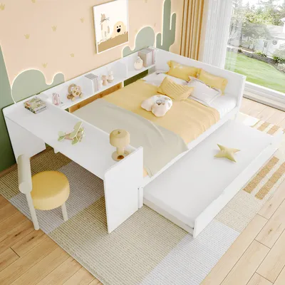 Produktbild von Flieks Kinderbett 140x200cm mit Ausziehbett, Doppelbett Holzbett mit Schreibtisch und Regal, Klassisches Bett für Kinderzimmer, Weiß