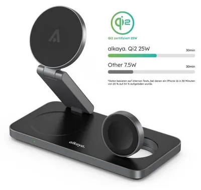 Obrázok produktu pre Bezdrôtová nabíjacia stanica Alkaya Tripod – 3 v 1: pre telefón, hodinky a slúchadlá, čierna