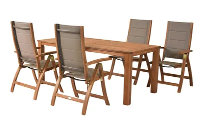 A wooden dining set with four chairs and a table, shown on a white background.