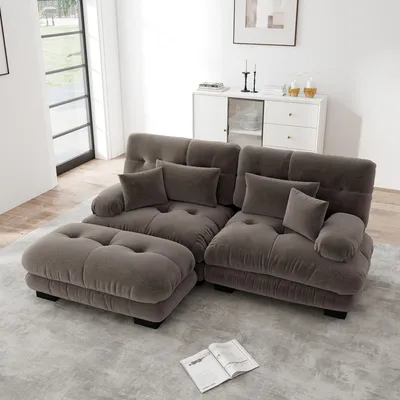 Produktbild von MODFU Zweisitzer Polstersofa mit mit 2 Lendenkissen und 2 Dekokissen,L-förmiges Sofa,Loungesofa Chenille,mit 1 Ottoman,Modulares Sofa,Braun