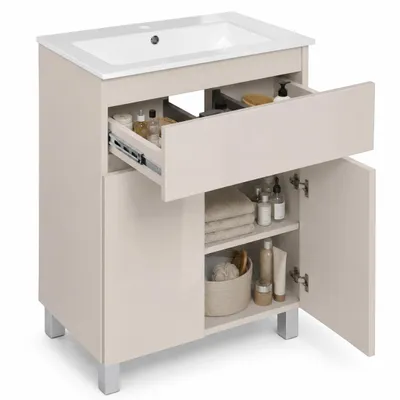 Produktbild von paplinskimoebel Badezimmermöbel Waschbeckenunterschrank + Waschbecken Matt Kaschmir - Holzkorpus Toilettenschrank Schublade Gästebad Türen Beine 60 cm