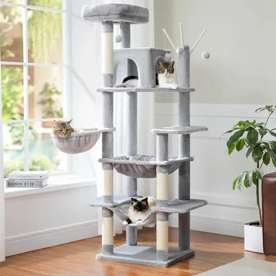 Image de Arbre à chat - Mur d'escalade pour chats - Griffoir - Mobilier pour chats - avec hamacs et maisons - 7 niveaux - 175 cm