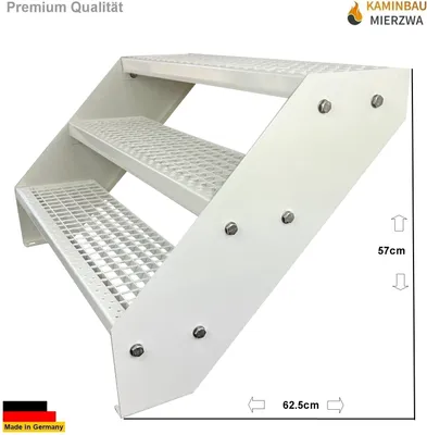 Produktbild von Gitterrost Stahl Wangentreppe 3 Stufen Verzinkt & Weiß Pulverlackiert - (L x B x H) 63cm x 60cm x 57cm