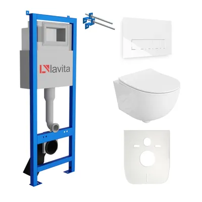 Produktbild von Lavita LAV 101 Vorwandelement für WC 40cm + Wand Hänge Tiefspül WC BRAVA Weiß Spülrandlos + Bedienplatte LAV 200.3.1 Weiß | Komplettset | Unterputz Spülkasten | Toilette Komplett Sett