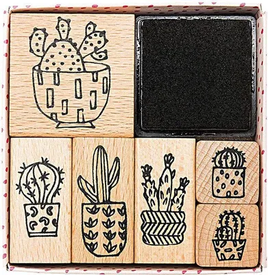 Produktbild von 6 Holzstempel mit Stempelkissen - Kaktus
