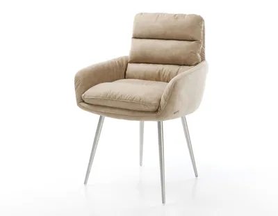Produktbild von DELIFE Esszimmerstuhl Abelia-Flex mit Armlehnen Mikrofaser Beige Vintage 4-Fuß konisch Edelstahl