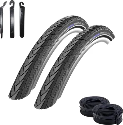 Image de 2 x Schwalbe Marathon Plus pneus vélo SmartGuard Reflex anti-crevaison 40-635 (28 x 1 ½) + 2 chambres à air Schwalbe DV17, y compris 3 démonte-pneus