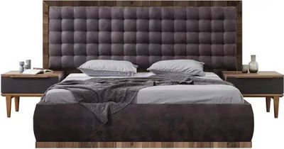 Produktbild von Casa Padrino Luxus Massivholz Schlafzimmer Set Grau / Braun - 1 Doppelbett mit Kopfteil & 2 Nachttische - Luxus Schlafzimmer Möbel