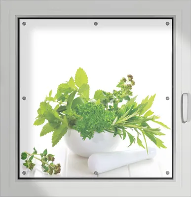 Produktbild von Wallario Lichtschutzbild, Dekorativer Sichtschutz Sonnenschutz 96 x 93 cm mit Motiv: Welt der Kräuter - verschiedene Kräuter in einem weißen Mörser - Verdunklung ohne Bohren