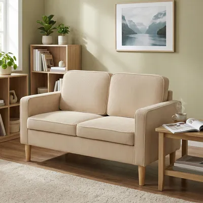 Produktbild von 2-Sitzer Sofa Cord mit Stauraum, Zweisitzer Couch Corduroy, Massivholzfüße, Beige | 117 x 63 x 79 cm | 2 Kissen | 24 kg