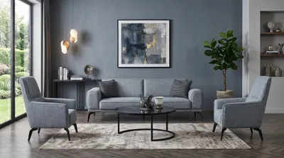 Productafbeelding van Bankstel: 3-zitsbank, 2 fauteuils, salontafel. Modern, grijs, antraciet, stijlvol