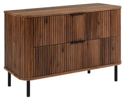 Produktbild von Stehender Badezimmerschrank mit Schubladen und Metallfüßen, Farbe Eiche-Nussbaum, Griff schwarz, Füße schwarz, 100 x 41,5 x 66,7 cm