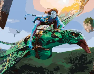 A person riding a creature in a fantasy landscape.