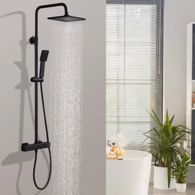 Obrázek produktu pro Sprchový systém Homelody s termostatickou dešťovou sprchou Dešťová hlavice Kulatý sprchový sloup Sprchová armatura 38 ℃ včetně ruční sprchy Výškově nastavitelná sprchová lišta Černá barva