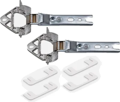 Two refrigerator hinges and four mounting plates are shown against a white background.
