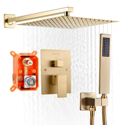 Image de Robinet de douche VEVOR Système de douche à effet pluie pour salle de bain Système de douche avec pommeau de douche à effet pluie carré de 254 mm & douchette à main, robinetterie de salle de bain murale avec vanne en laiton & kit de finition, or brossé