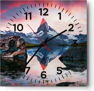 Produktbild von Wanduhr - Quadrat - Glasuhr - Berge Felsen Wasser - 40x40cm - Schleichendes Uhrwerk - Lautlos - zum Aufhängen bereit - Dekoration Modern - Wanddekoration aus Glas - C4AC40x40-3892