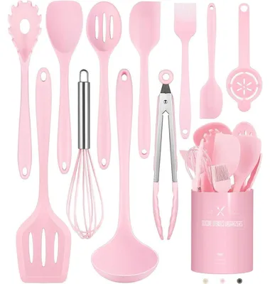 Produktbild von Küchenhelfer Set 12-teilig Silikon Kochutensilien Hitzebeständig Rosa mit Halter