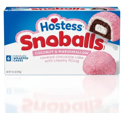 Produktbild von Hostess Snoballs Coconut & Marshmallow – Schokoladenküchlein mit Cremefüllung, Marshmallow & Kokosnuss, 6 Stück (298 g) + Heartforcards Versandschutz