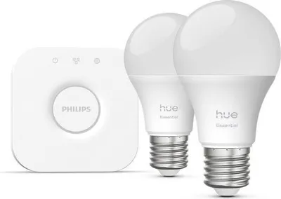 Image de Kit de démarrage Philips Hue Essential, Lumière Blanche et Colorée, 1 Bridge, 2 Ampoules A60, Ambiance Réglable
