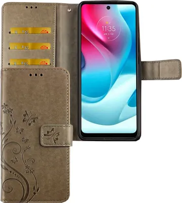 Produktbild von Motorola Moto G60S Tasche Handy Hülle Schutz-Cover Flip-Case mit Kartenfach, Farbe:Blumen Grau