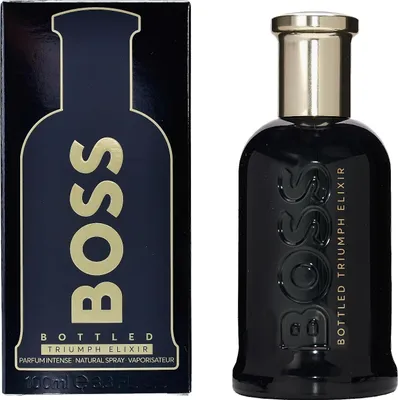 A bottle of Hugo Boss Bottled Triumph Elixir EDP and its packaging are displayed side-by-side on a white background.
