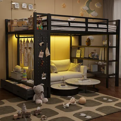 Immagine prodotto di Letto a soppalco 140x200, armadio aperto, ripiani, pannello forato, illuminazione LED (nero)