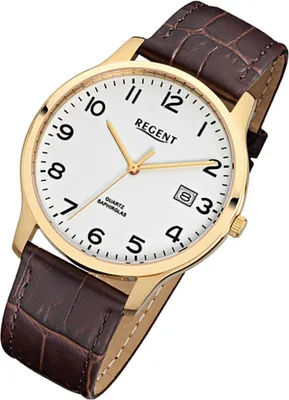 A close-up, angled shot of a men's analog wristwatch with a white face, gold casing, and a brown leather strap.