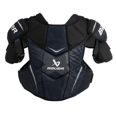 A black and gray Bauer X shoulder protector for seniors, size XL, is shown against a white background.