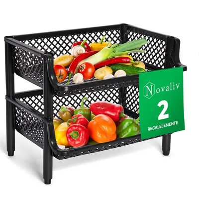 Produktbild von Novaliv 2 Stück Korbregal Schwarz Steckregal Stapelbar & Erweiterbar, Regale für Vorratsraum, Lebensmittelregal, Obstregal Keller Aufbewahrungssystem, Vorratskammer Ordnungssystem, Getränkeregal