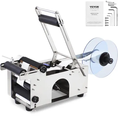 A VEVOR semi-automatic bottle labeling machine is shown against a white background. The machine is made of stainless steel and has several rollers for holding and applying labels to bottles. A roll of labels is mounted on the right side of the machine. A m