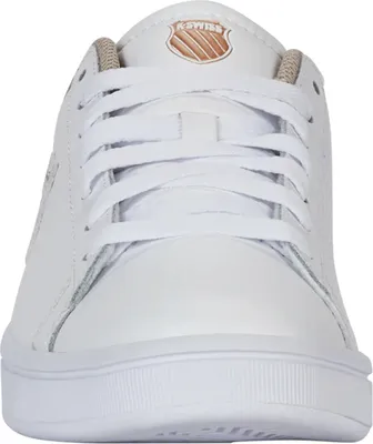 A close-up front view of a white K-Swiss sneaker.