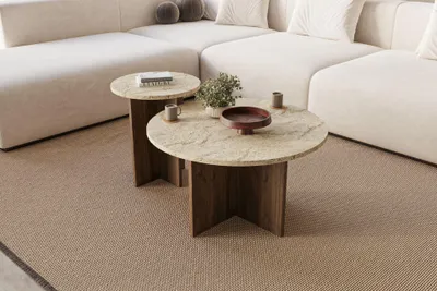 Produktbild von Skye Decor, Hochwertiges Kaffeetisch-Set (2 Teile), Travertin und Walnuss, Groß: 70 x 40 x 70 cm, Klein: 40 x 47 x 40 cm | 100% melaminbeschichtete Spanplatte | Modernes Design für stilvolle Wohnräume.