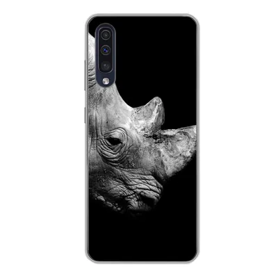 Produktbild von MuchoWow® Handyhülle Schutzhülle Hülle für Samsung Galaxy A50 Portrait Nashorn auf schwarzem Hintergrund Silikon Softcase Handy Hülle - Mobiltelefonhülle