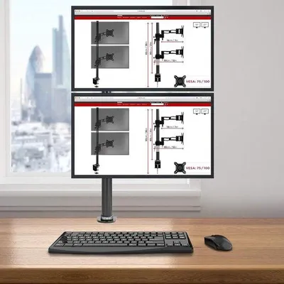 Immagine prodotto di Supporto girevole per 2 schermi, regolabile in altezza fino a 80 cm, ruotabile a 360°, inclinabile a 45°, per 2 schermi LCD/LED da 13-27 pollici