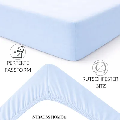 Produktbild von Strauss Home® Premium Spannbettlaken – 160 g/m² Gekämmte Baumwolle – Jersey in Hotelqualität – Formstabil & Langlebig – Rundumgummi – Für Matratzen bis 27 cm – 90x200-100x200 cm - Mint / Hellblau