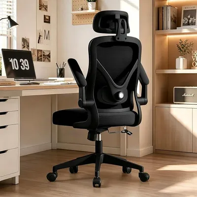 Imagen del producto de Silla de oficina ergonómica con soporte lumbar ajustable. Silla de escritorio con reposabrazos plegables, silla de ordenador de malla con función de inclinación, silla giratoria de altura ajustable para trabajar desde casa, color