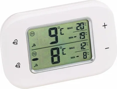 A digital thermometer with two sensors, displaying current, maximum, and minimum temperatures.
