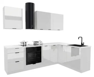 Obrázek produktu pro Rohová kuchyňská linka - tvar L - 260x170 cm - Bílý lesk - MDF - s bílou pracovní deskou - tiché dovírání Soft-Close - DENIS