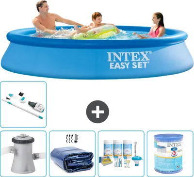 Produktbild von Intex runder aufblasbarer Easy Set-Schwimmpool – 305 x 61 cm – Blau – inklusive Pumpe Sonnensegel - Wartungspaket - Filter - Staubsauger