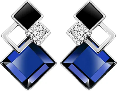 Produktbild von Damenmode rhombische Strass Eardrop koreanischen Stil Ohrringe Party Schmuck-Silber + Blau