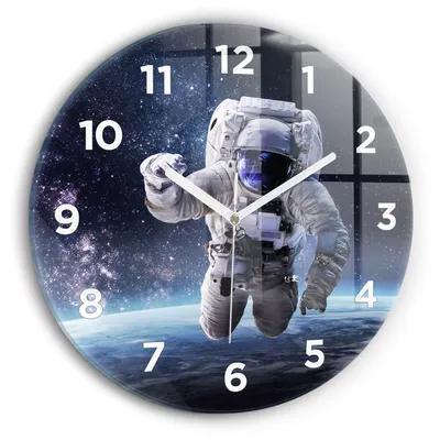 Produktbild von Wallfluent Wanduhr – Stilles Quarzuhrwerk - Uhr Dekoration Wohnzimmer Schlafzimmer Küche - Zifferblatt - weiße Zeiger - 30 cm - Astronaut über dem Boden