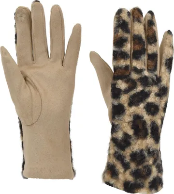 Produktbild von styleBREAKER Damen Touchscreen Handschuhe mit Leoparden Muster und Teddyplüsch | Warme Winter Fingerhandschuhe | Weiche Smartphone Handschuhe